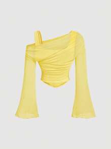 SHEIN MOD 黄色露肩网纱二合一喇叭袖长袖女式上衣，西部风，复古风，70年代风格，单身女郎 - 黃色 - 查看 2