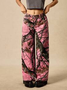 Easelle 女式枝形图案口袋宽松休闲百搭牛仔裤 - 粉色 - 查看 3