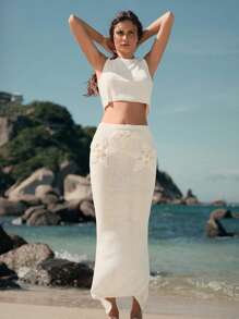 Elaire Conjunto de falda y cubrecuerpo con borde asimétrico de punto con estampado de estrellas, ideal para vacaciones de verano y playa para mujeres - Beis - Ver 8