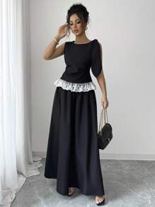Selianne Women's Body-Shaping Top With Ruffle Hem Splice + A-Line Skirt, 2pcs Set - Black - View 6