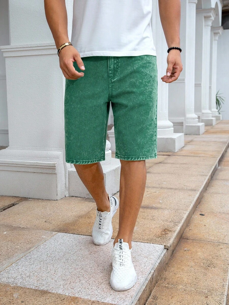 Manfinity Homme 男式宽松休闲口袋装饰5英寸内缝牛仔短裤 - 綠色 - 查看 1