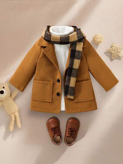 Souflis Souflis Conjunto de abrigo marrón estilo británico preppy y bufanda a cuadros clásica para bebés niños en otoño/invierno, para Navidad