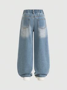 大码男童复古休闲牛仔裤，星星印花，中腰宽松水洗牛仔直筒裤，适合男孩的百搭款式 - 中等水洗藍 - 查看 2