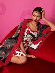 Betty Boop x SHEIN Manta de cama cruda con estampado de personajes de dibujos animados y labios, para regalos
