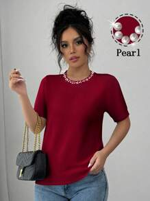 INAWLY 女式大码圆领短袖T恤，仿珍珠装饰 - 紅色 - 查看 1