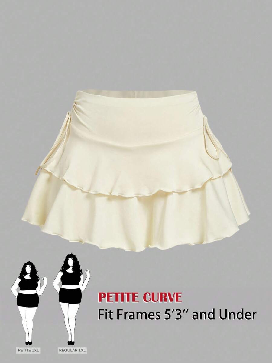 SHEIN PETITE CURVE Drawstring And Fold Detail Solid Color Cake Skirt, Summer Outfits For Women, Suitable For People Of Shorter Stature - Apricot - View 1