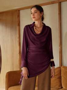 Revavyn Áo kiểu nữ cổ điển sang trọng bằng chiffon, xếp ly, cổ lệch vai, thích hợp mặc đi làm, cổ đổ, màu mận, màu tím đậm, áo kiểu nữ màu đỏ bằng chiffon dáng rộng, thích hợp cho lễ hội, đi nghỉ mát, áo đỏ, áo dáng rộng mùa thu, mùa thu. - Màu Đỏ Sâu - Xem 3