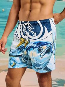 Surfspeed 男士夏季休闲印花抽绳沙滩短裤 - 黑色 - 查看 6