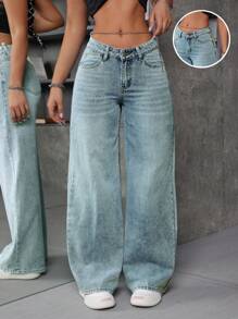 EURMUSE 女式口袋设计宽松休闲百搭牛仔裤