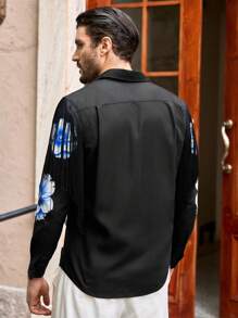 HIMLAND Men's Woven Fashion Casual Daily Loose Long Sleeve Shirt, Fall - Black - View 2