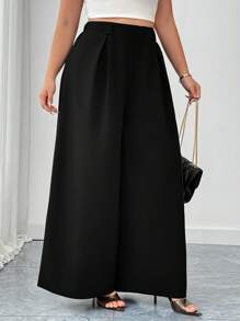 Elenzga Pantalones informales de pierna ancha y larga de color negro de talla grande con elástico en la espalda, aptos para primavera, verano y otoño