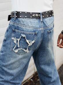 ROMWE MEN Street Life Men's Street Patchwork Ripped Straight Leg Baggy Jeans, Belt Not Included - Baby Blue - View 3