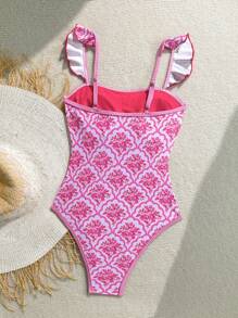 Soleia 1pc Cute All-Over Print Ruffle Trim One-Piece Swimsuit, For Beach & Vacation - Multicolor - View 2