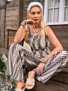 LanaWest 2pcs/Set Women Holiday All Over Print Sleeveless Camisole And Wide Leg Pants, Random Floral Pattern - Brown - View 4