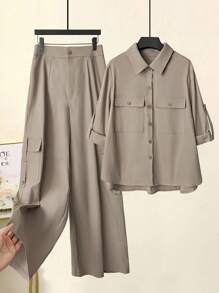 SHEIN LUNE Conjunto de 2 piezas de camisa con diseño casual y sencillo y pantalones de pierna ancha, talla grande