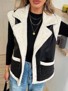 SHEIN LUNE Chaqueta sin mangas de mujer casual con bolsillos, de piel y peluda, chaleco de invierno cálido