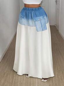 Maweii Plus Size Women Stitching 2 In 1 Skirt, Pocket Decoration, Commuting Daily Wear - Blue and White - View 4