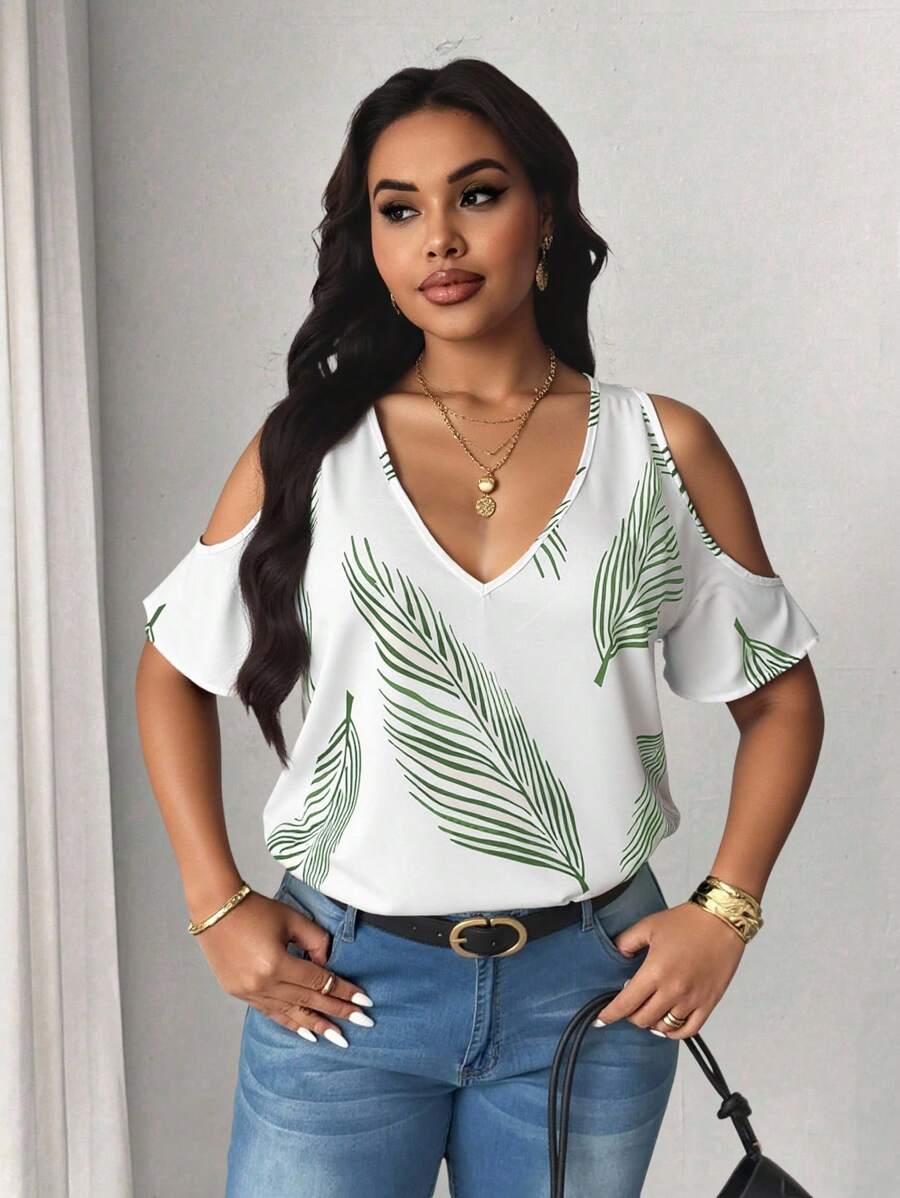 SHEIN Unity 大码 V 领露肩短袖休闲全身印花衬衫