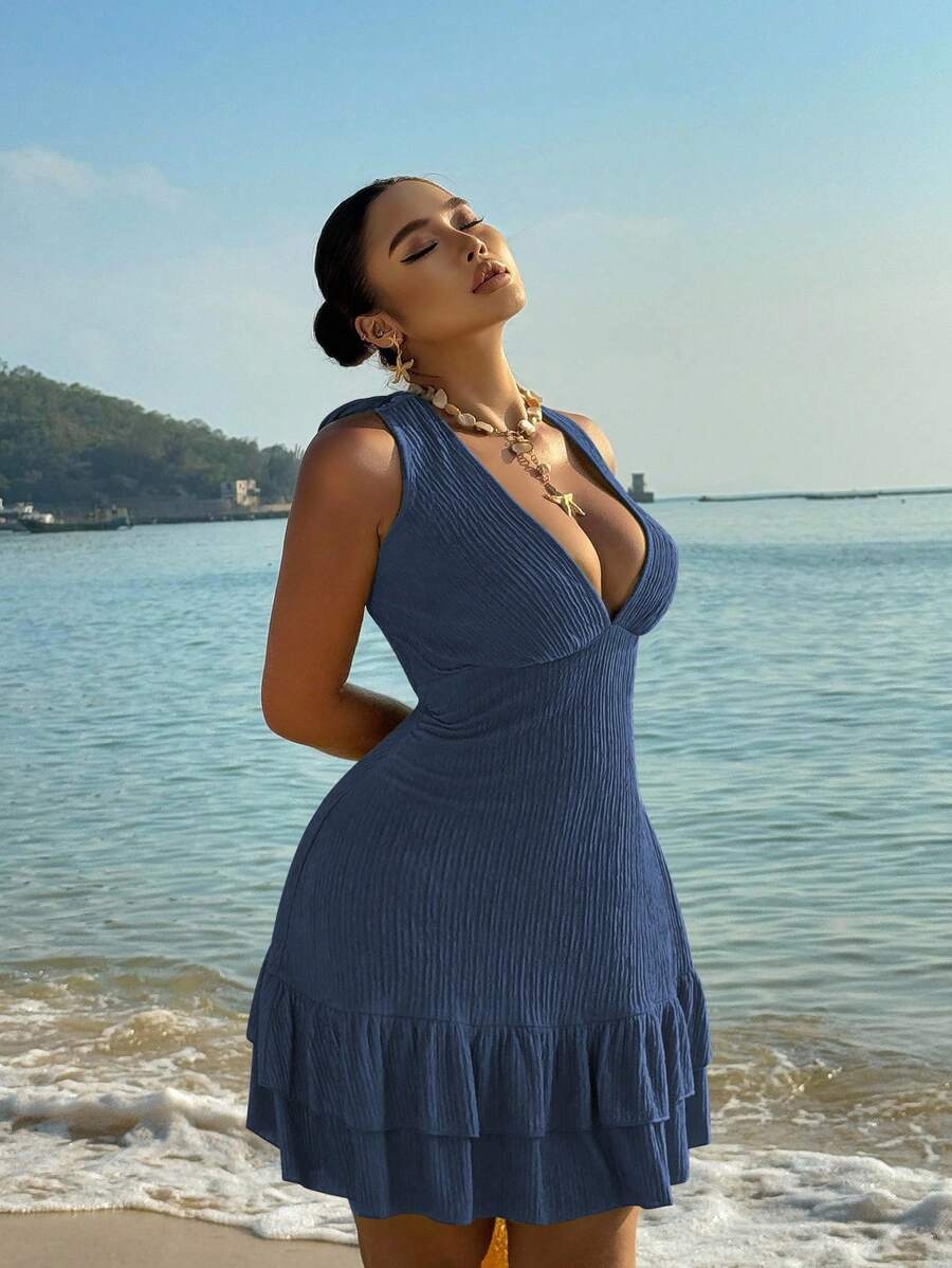 Flirla 大码女式纯色时尚露背性感深 V 领长裙