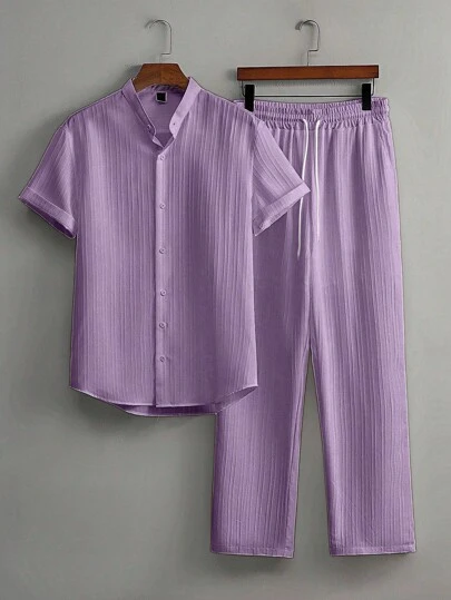 Manfinity Homme Men's Summer Solid Color Short Sleeve Single-Breasted Shirt And Pants Casual Suit, Men's Versatile Set, Heavyweight Casual Commuting Chinese Style Stand Up Collar Imitation Hemp Bamboo Knot Short Sleeved Shirt And Casual Elastic Loose Drawstring Pants, Cozy Outfits