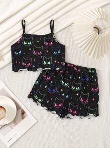 SHEIN Dozemod Kids Young Girl Cartoon Glow In The Dark Kitty Print Camisole & Shorts Knit Comfortable Casual Black Pajama Set, 2 Pieces - Black - View 5