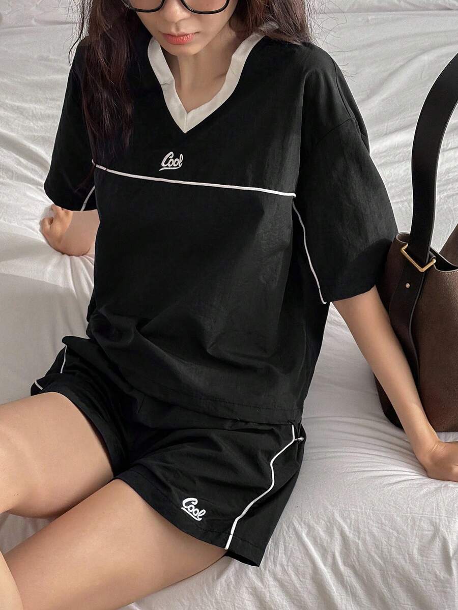 DAZY Damen Kontrast V-Ausschnitt Loose Zweiteiler Lässig anzug