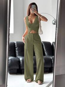 SHEIN EZwear 女士秋冬军绿色单排扣背心和裤子套装 - 軍綠色 - 查看 1