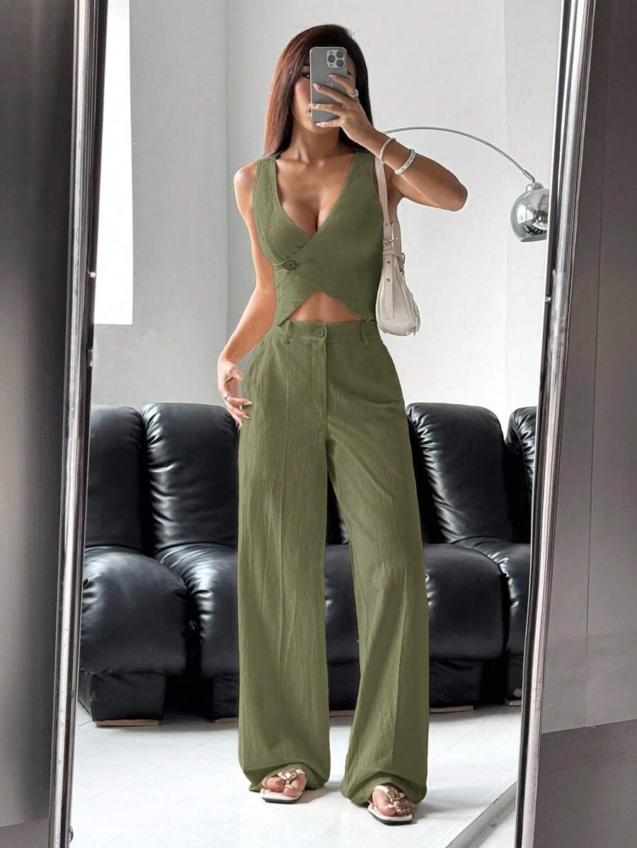 SHEIN EZwear 女士秋冬军绿色单排扣背心和裤子套装 - 軍綠色 - 查看 1