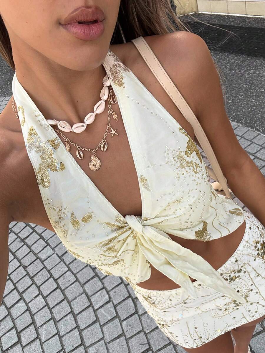 Siren Gaze Women's Summer Vacation Sequin Embroidery Front Tie Backless Halter Top - Apricot - View 1
