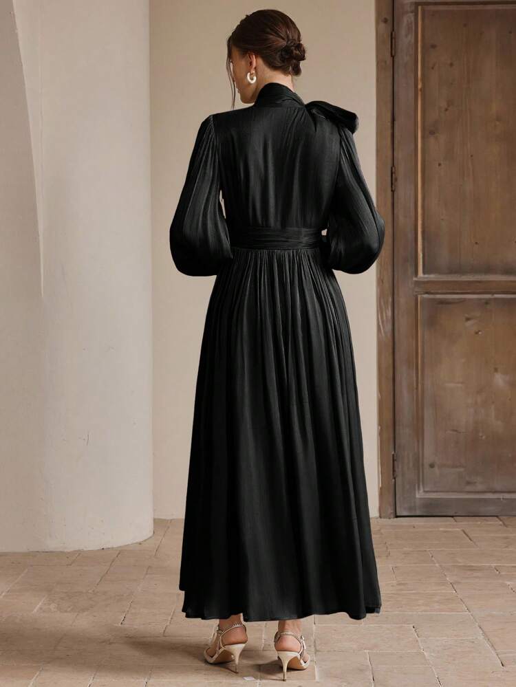 Anewsta Essential Women's Long Dress With Waist Pleats, Shiny And Elegant, Versatile For Spring And Autumn