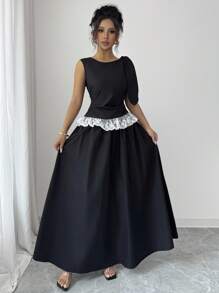 Selianne Women's Body-Shaping Top With Ruffle Hem Splice + A-Line Skirt, 2pcs Set - Black - View 5