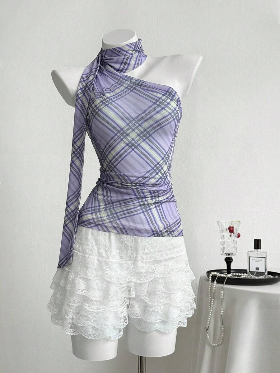 Elamini Women's Casual Summer Vacation Asymmetrical Neck Sleeveless Blue Plaid Halter Neck Flowy Chiffon Blouse - Mauve Purple - View 1