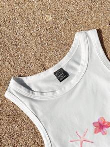 Attitoon 休闲简约粉色海洋元素海星热带花卉贝壳图案圆领修身女式背心，适合夏季度假，含棉量 34% - 白色 - 查看 5