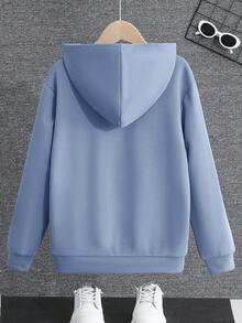 SHEIN 休闲户外宽松日常百搭连帽长袖青少年男童运动衫 - 霧霾藍 - 查看 2
