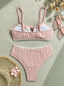 Swim Mod 女士白色纹理面料镂空胸前蝴蝶结蕾丝花边高腰三角裤，时尚、优雅、可爱比基尼两件套比基尼套装 - 淺粉色 - 查看 4