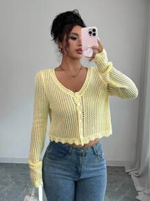 Rafferiza Hollow Out Crew Neck Long Sleeve Single-Breasted Knitted Cardigan Cropped Cardigan Yellow Sweater Fall Cloth For Women - Yellow - View 5