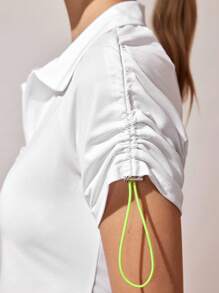 Gameset SHEIN Sport 女式夏季撞色抽绳褶皱短袖短款休闲运动 Polo 衫 - 白色 - 查看 7