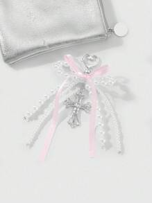 ROMWE Kawaii 1 pezzo Ciondolo versatile, delicato e dolce in stile Y2K, di alta qualità, realizzato a mano con perle, fiocco di nastro e croce di cristallo cava, adatto come portachiavi o decorazione per borse, adatto per donne/ragazze, per uso quotidiano o come regalo