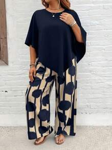 EMERY ROSE Plus Size Vacation Casual Solid Color Shirt And Striped Circle Print Pants Set - Multicolor - View 3