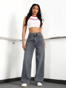 SHEIN Jeans casuales de ajuste holgado para mujer con bolsillos laterales y diseño de pierna ancha