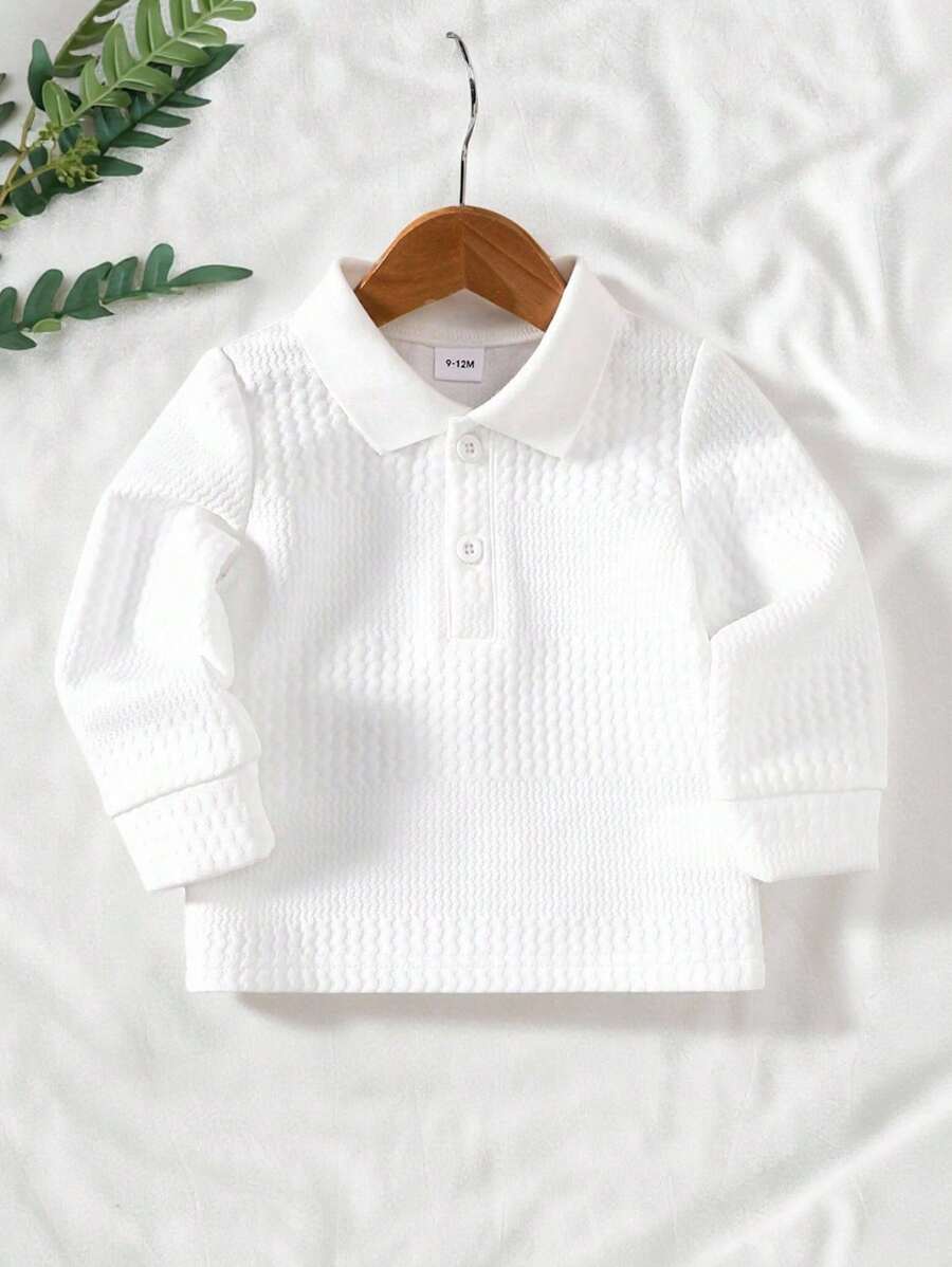 SHEIN Vintaside Kids Áo thun polo tay dài màu trắng trơn đơn giản cho bé trai, thích hợp cho mùa xuân/thu - trắng - Xem 1