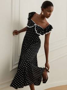 Revavyn 法国复古黑白波尔卡圆点、荷叶边和蕾丝镶边下摆、百搭优雅女装 - 彩色 - 查看 1