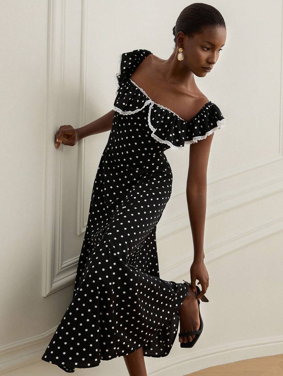 Revavyn 法国复古黑白波尔卡圆点、荷叶边和蕾丝镶边下摆、百搭优雅女装 - 彩色 - 查看 1