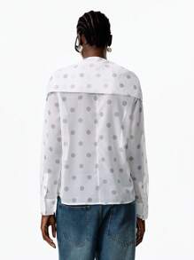 LYSMO 女士圆点印花长袖休闲T恤，采用青果领设计 - 黑與白 - 查看 2