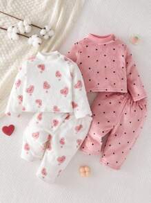 SHEIN 4 件套新生女婴简约波尔卡圆点和心形图案罗纹针织圆领长袖上衣和裤子，舒适柔软睡衣套装 - 淺粉色 - 查看 4
