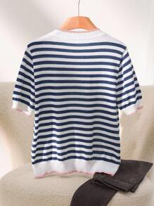 CosyJoli Plus Size Casual Round Neck Color Block Striped Short Sleeve Knit Top