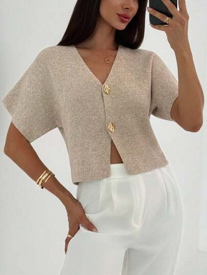 Aloruh New Minimalist Fashionable Office Commute Deep V-Neck Short Sleeve Slim Fit Buttoned Cardigan, Versatile Casual,Knitted Cardigan In Fall/Winter Going Out