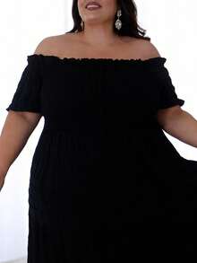 Pretty and Ole 优雅通勤复古简约休闲百搭女士时尚热卖品，荷叶边面料，蝴蝶结装饰，松紧腰身，喇叭下摆设计黑色大码连衣裙，适合春季、夏季、秋季 - 黑色 - 查看 9