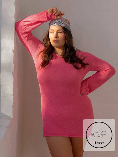 Aralina Curve Summer Resort Lightweight Semi Sheer Vacation Knit Beach Dress With Back Lace Up Detail Winter Fall Autumn