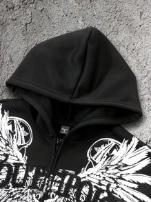 Manfinity Dauomo 男士复古时尚超大码 Y2K 哥特式印花拉链卫衣，春秋装，Emo 风格，2000 年代风格 - 黑色 - 查看 3